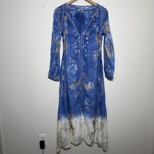 Dolma Women Maxi Dress Large Blue Floral Artsy Lagenlook Boho Long Sleeve V-Neck